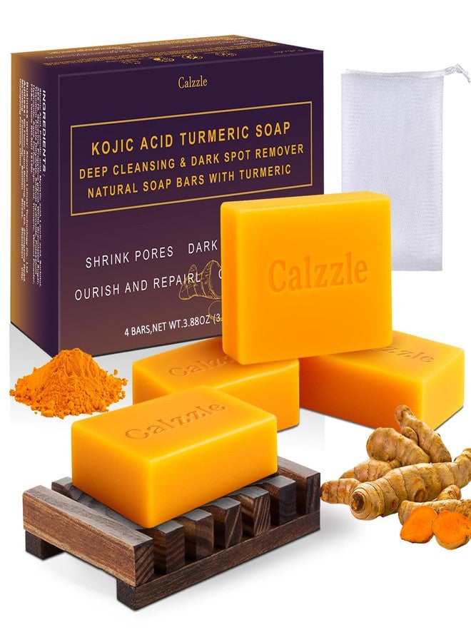 Calzzle Kojic Acid Soap 4PCS, Dark Spot Remover & Brightening with Turmeric, Vitamin C & Retinol, Moisturizing with Collagen & Shea Butter, Gentle for Face and Body, With Soap Holder & Net, 110g Each - Image 1