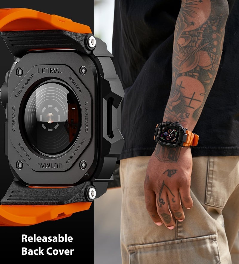 ULTIMAL Rugged Case with Band for Apple Watch 44mm,Compatible with Apple Watch Series SE 3/SE 2/SE Generation/6/5/4, Military Grade Shockproof Bumper Cover for iWatch Tactical Band Men (Orange, 44mm) - Image 4