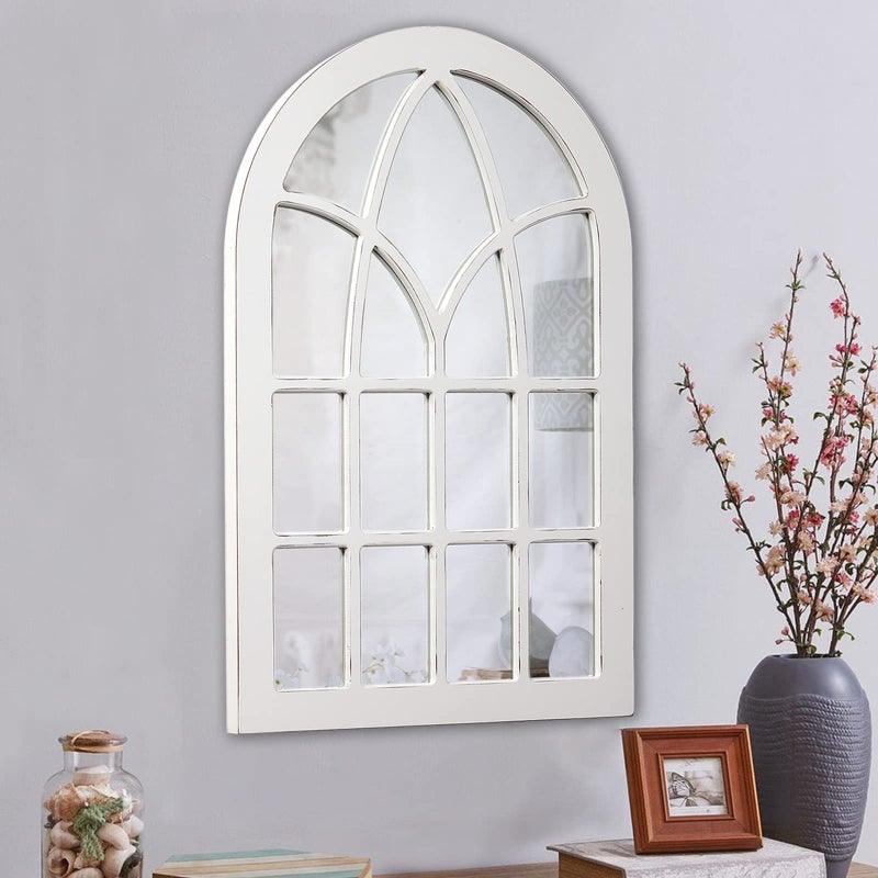 Sintosin مرآة نافذة قوسية كبيرة من سينتوسين فارمهاوس 36 × 24 بوصة ديكور حائط مرآة بيضاء ريفية مزخرفة مثبتة على الحائط لغرفة المعيشة وغرفة النوم