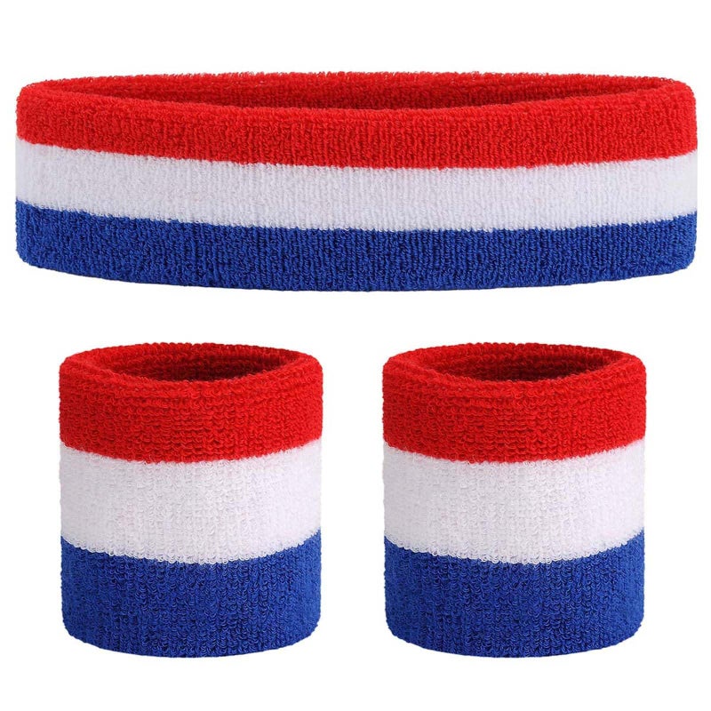 ONUPGO Sweatband Set Premium Sports Headband Wristband Set Sweatbands Terry Cloth Wristband Wrist Sweatband Headbands Moisture Wicking Sweat Absorbing Head Band Red/White/Blue - Image 1