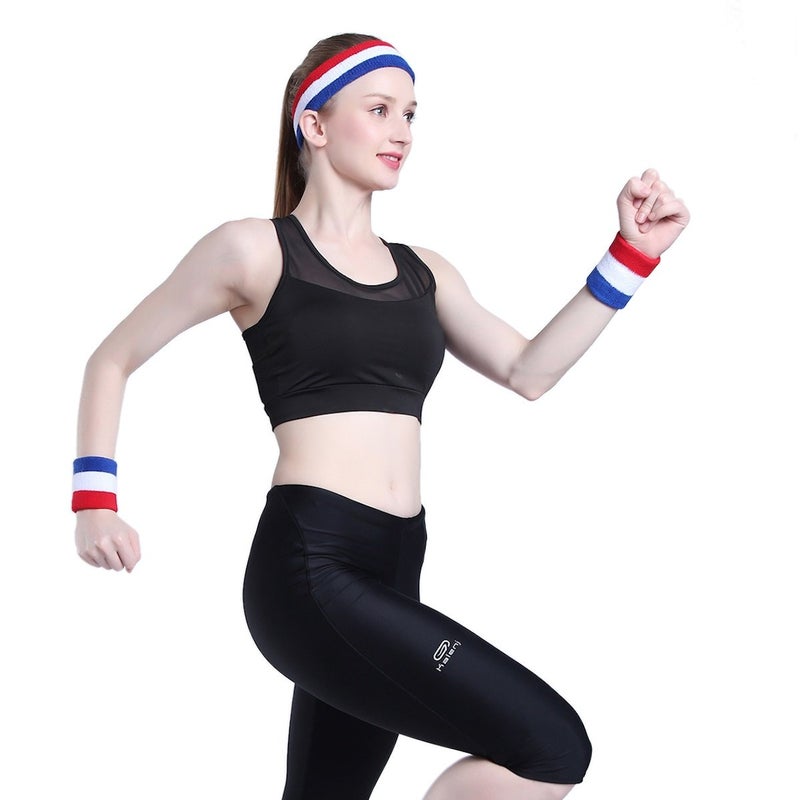 ONUPGO Sweatband Set Premium Sports Headband Wristband Set Sweatbands Terry Cloth Wristband Wrist Sweatband Headbands Moisture Wicking Sweat Absorbing Head Band Red/White/Blue - Image 2