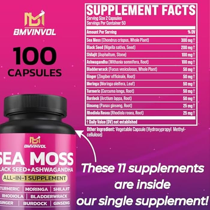 BMVINVOL Sea Moss Black Seed Shilajit Ashwagandha + Bladderwrack, Ginger, Moringa, Turmeric, Burdock, Ginseng, Rhodiola Rosea - 100 Capsules - Image 2