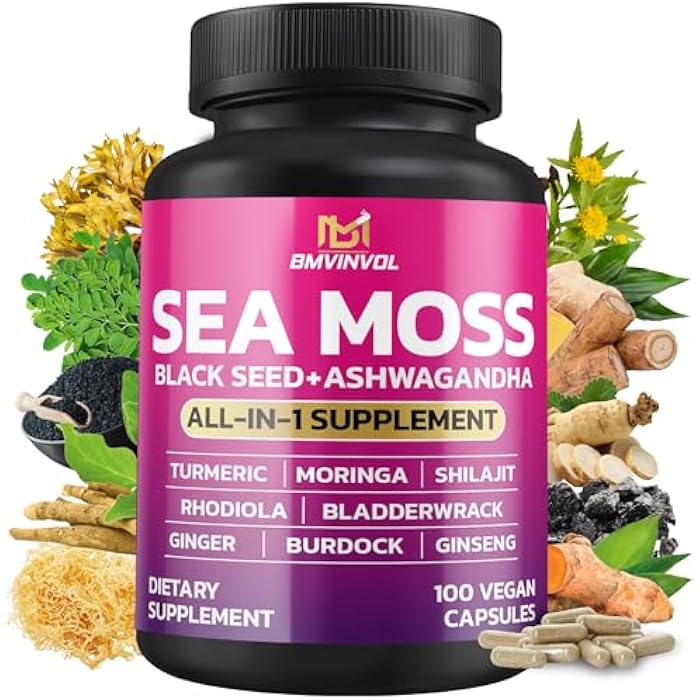 BMVINVOL Sea Moss Black Seed Shilajit Ashwagandha + Bladderwrack, Ginger, Moringa, Turmeric, Burdock, Ginseng, Rhodiola Rosea - 100 Capsules - Image 1