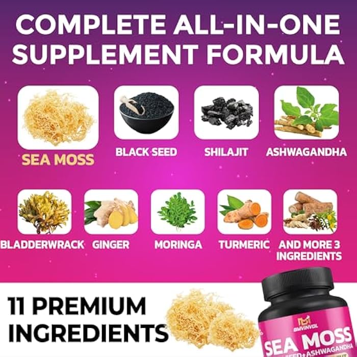 BMVINVOL Sea Moss Black Seed Shilajit Ashwagandha + Bladderwrack, Ginger, Moringa, Turmeric, Burdock, Ginseng, Rhodiola Rosea - 100 Capsules - Image 3