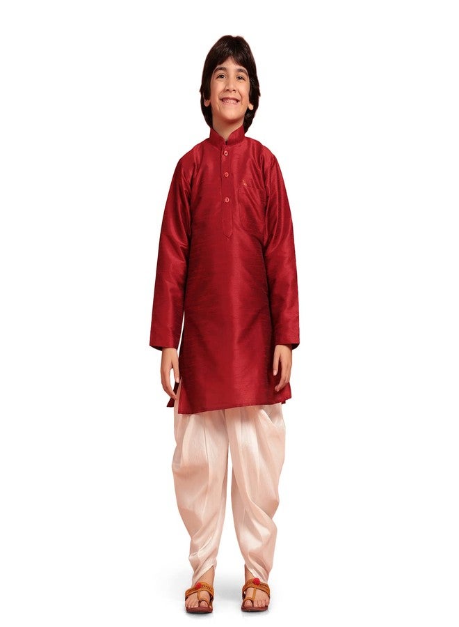 AJ DEZINES Kids Silk Blend Full Sleeve Kurta Patiala Set for Boys | Ethnic Wear | Traditional Festival Wear | Boy Kurta Patiala Set | Kids Ethnic Wear Boys | Regular Fit | MAROON-14 - Image 1