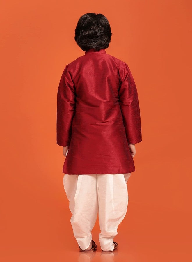 AJ DEZINES Kids Silk Blend Full Sleeve Kurta Patiala Set for Boys | Ethnic Wear | Traditional Festival Wear | Boy Kurta Patiala Set | Kids Ethnic Wear Boys | Regular Fit | MAROON-14 - Image 4