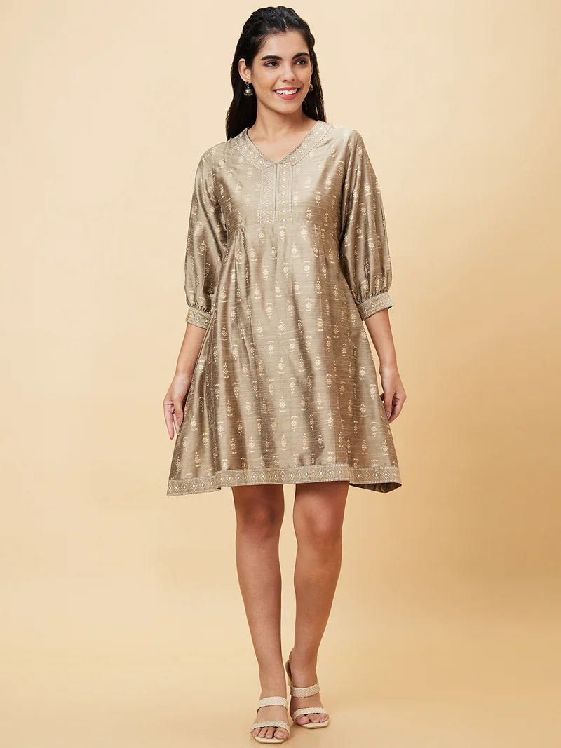 globus Women Ethnic Printed V-Neck Puff Sleeves Fit & Flare Dress