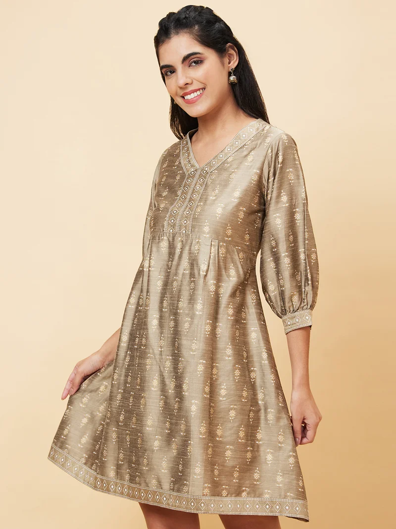globus Women Ethnic Printed V-Neck Puff Sleeves Fit & Flare Dress