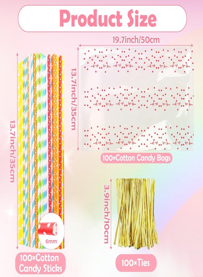 Coitak 100 PCS Cotton Candy Sticks, 100 PCS Cotton Candy Bags with Ties, 13.77 Inch Cotton Candy Sticks Random Colorful Cotton Candy Supplies Paper Straws for Candy Making - Image 2