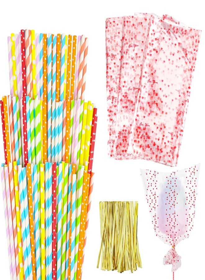 Coitak 100 PCS Cotton Candy Sticks, 100 PCS Cotton Candy Bags with Ties, 13.77 Inch Cotton Candy Sticks Random Colorful Cotton Candy Supplies Paper Straws for Candy Making - Image 1