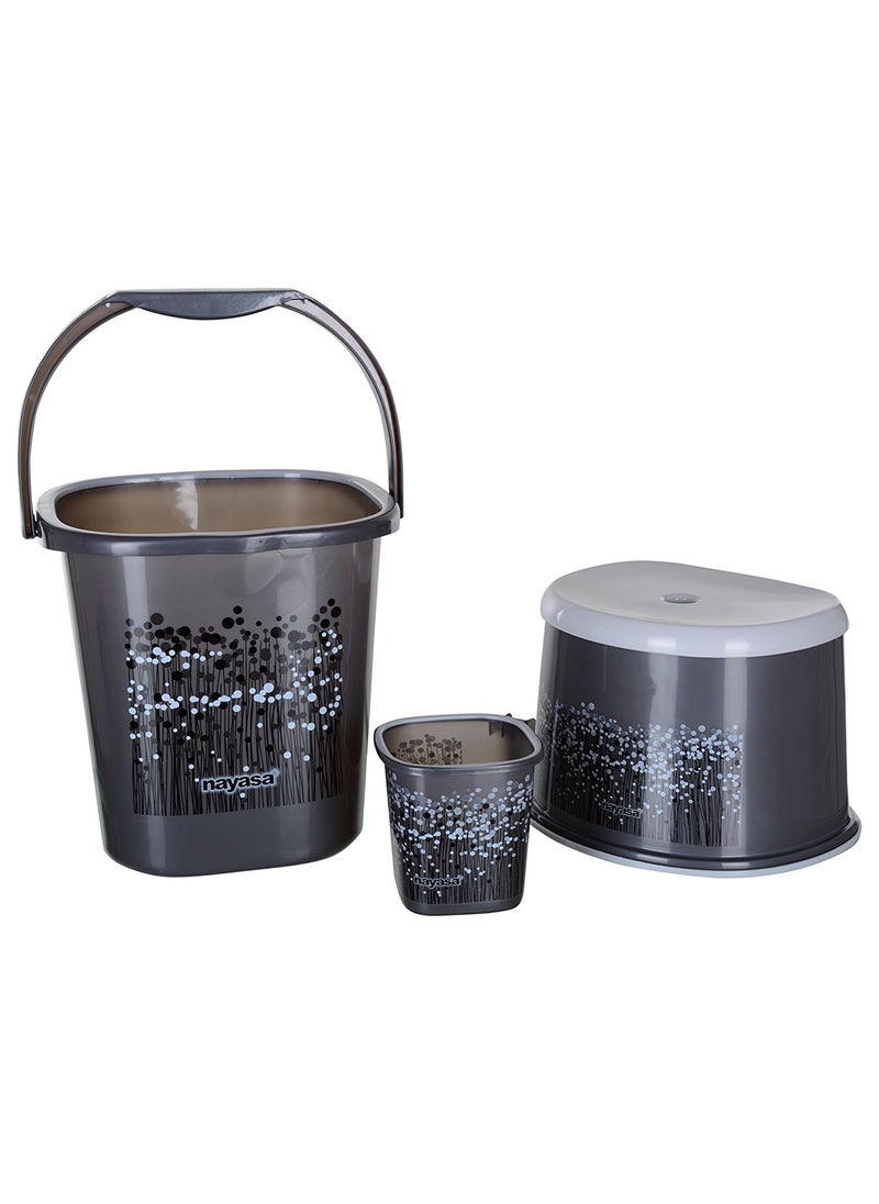 NAYASA Nayasa Funk Square 3 Pcs Bathroom Set Bucket 25 L Mug 15 L 508 Stool Bathroom Set Bath Set for Bathroom Black 