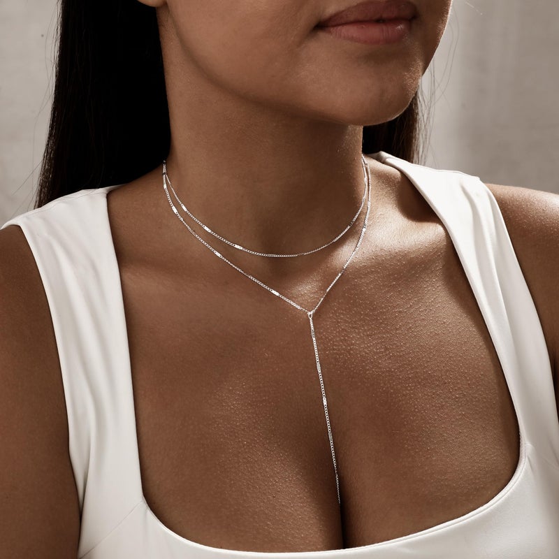 Hergory Lariat Silver Necklace for Women Trendy, Dainty 14k Silver Plated Layered Y Shaped Pendant Flat Chain Drop Long Necklaces Fashion Jewelry for Women Gifts - Image 3