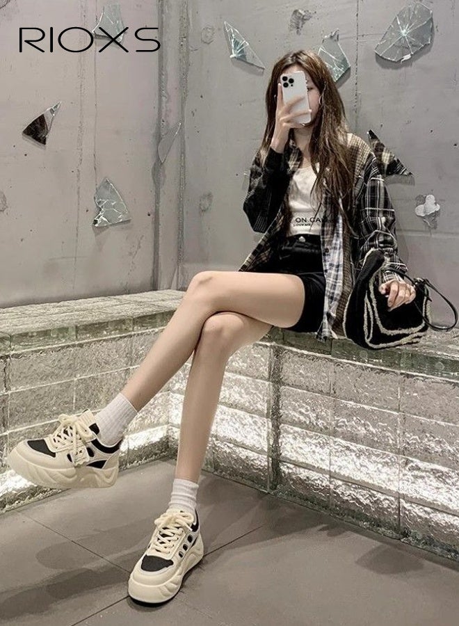 Women's Platform Sneakers, 4cm Chunky Platform Sneakers for Ladies, Comfy Brethable Classic Lace-up Trainers, Fashion Ladies Casual Lightweight Jogging Athlesiure Shoes, Non-slip Walking Shoes, for Dating/ Work/ Shopping/ Street Wear/ Daily Wear, Beige and Black