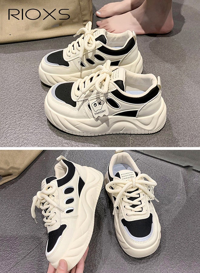 ريوكس حذاء رياضي نسائي بقاعدة سميكة، حذاء رياضي بقاعدة سميكة 4 سم للسيدات، حذاء رياضي كلاسيكي مريح وقابل للتنفس برباط، حذاء رياضي نسائي عصري خفيف الوزن للركض، حذاء مشي مانع للانزلاق، للمواعدة/العمل/التسوق/الارتداء اليومي/الارتداء اليومي، باللون البيج والأسود - Image 3