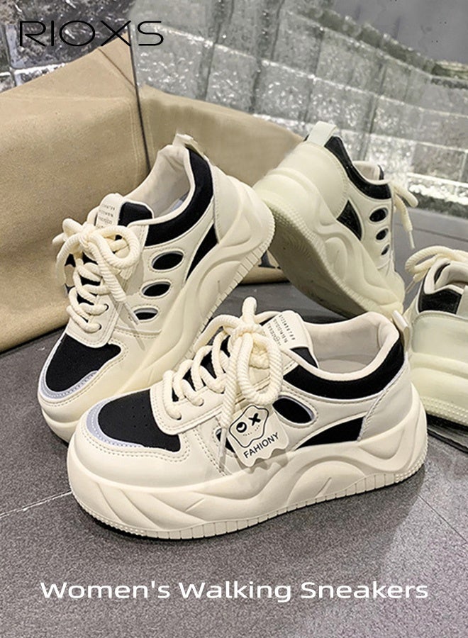 ريوكس حذاء رياضي نسائي بقاعدة سميكة، حذاء رياضي بقاعدة سميكة 4 سم للسيدات، حذاء رياضي كلاسيكي مريح وقابل للتنفس برباط، حذاء رياضي نسائي عصري خفيف الوزن للركض، حذاء مشي مانع للانزلاق، للمواعدة/العمل/التسوق/الارتداء اليومي/الارتداء اليومي، باللون البيج والأسود - Image 5