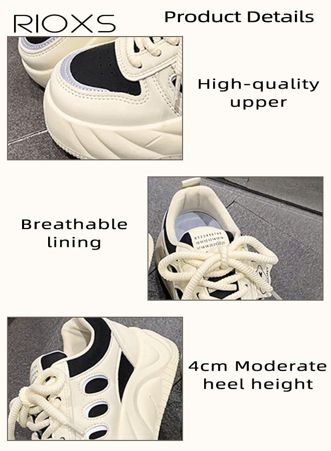 ريوكس حذاء رياضي نسائي بقاعدة سميكة، حذاء رياضي بقاعدة سميكة 4 سم للسيدات، حذاء رياضي كلاسيكي مريح وقابل للتنفس برباط، حذاء رياضي نسائي عصري خفيف الوزن للركض، حذاء مشي مانع للانزلاق، للمواعدة/العمل/التسوق/الارتداء اليومي/الارتداء اليومي، باللون البيج والأسود - Image 4