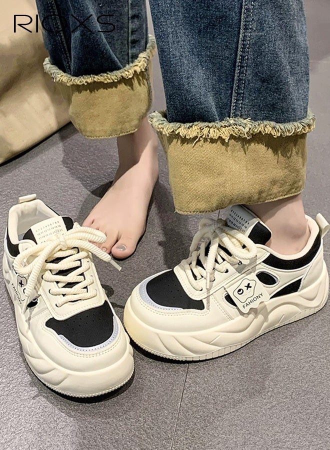 Women's Platform Sneakers, 4cm Chunky Platform Sneakers for Ladies, Comfy Brethable Classic Lace-up Trainers, Fashion Ladies Casual Lightweight Jogging Athlesiure Shoes, Non-slip Walking Shoes, for Dating/ Work/ Shopping/ Street Wear/ Daily Wear, Beige and Black
