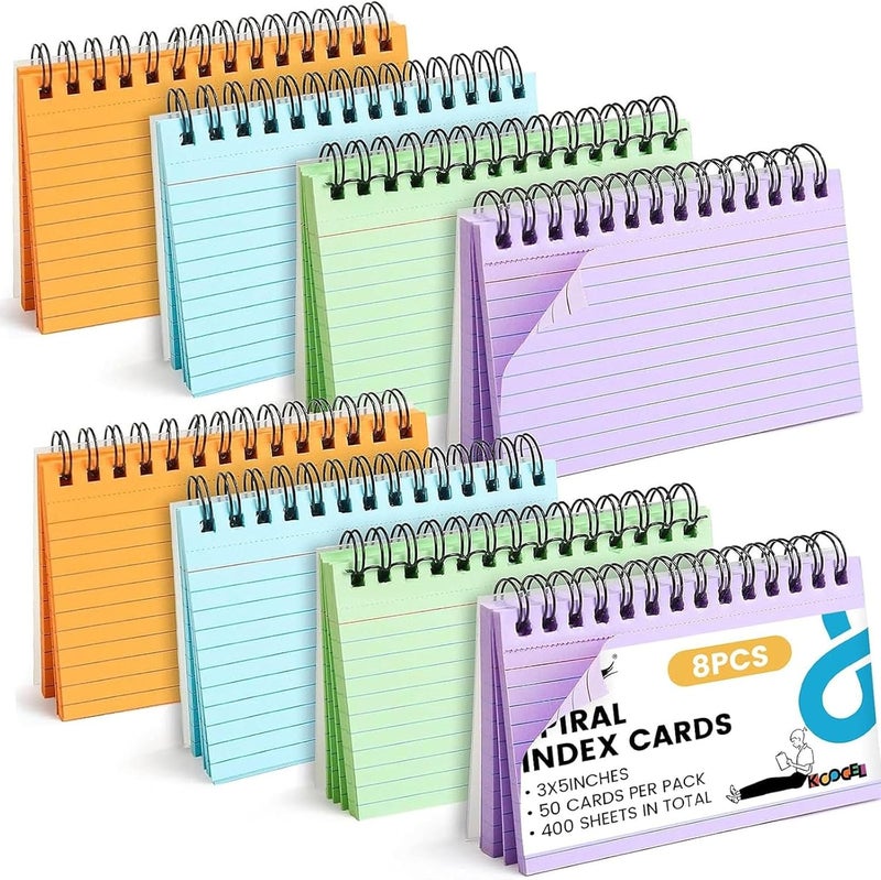 Koogel 400 Pieces Index Card, 3 x 5 Inch Colorful Learning Card Note Cards 8 Pack of Colorful Paper Ring Index Cards Bulk Index Cards for Home School Office - Image 1