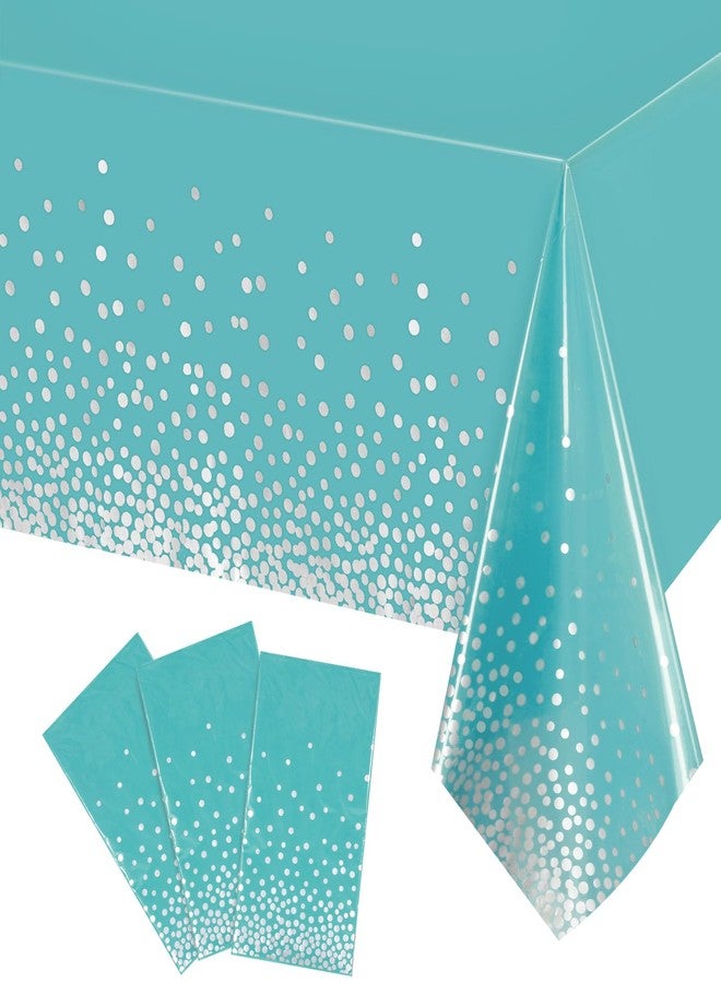 Breling 3 Pcs Teal Blue and Silver Dot Tablecloth Plastic Confetti Rectangle Disposable Table Cover for Birthday Wedding Baby Shower Engagement Anniversary Bachelorette Party, 54 x 108 Inch - Image 1