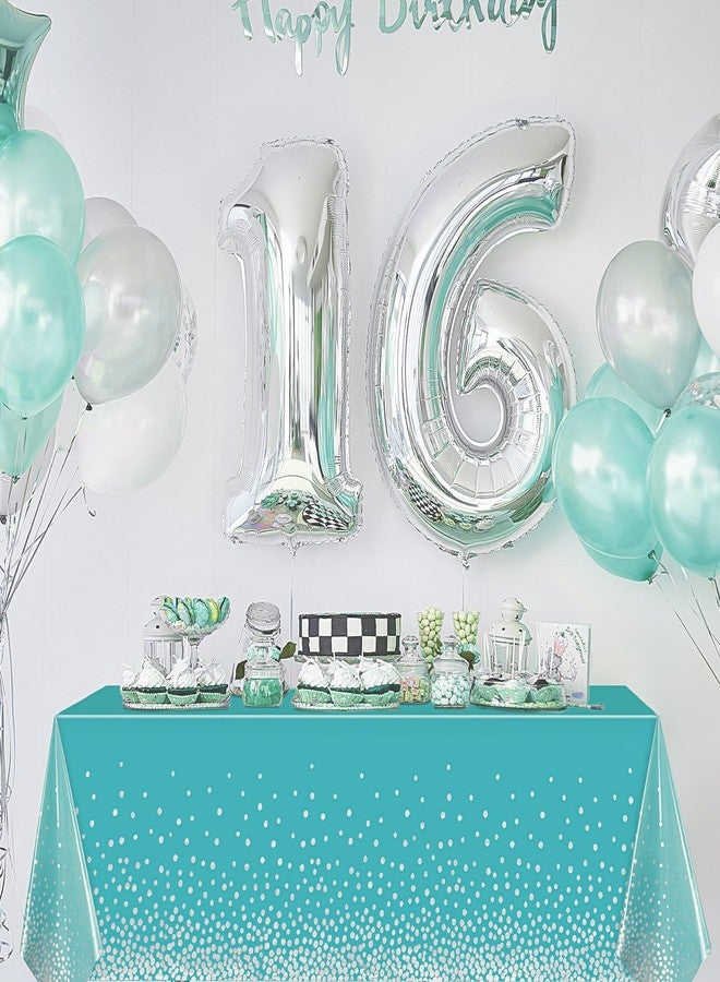 Breling 3 Pcs Teal Blue and Silver Dot Tablecloth Plastic Confetti Rectangle Disposable Table Cover for Birthday Wedding Baby Shower Engagement Anniversary Bachelorette Party, 54 x 108 Inch - Image 5