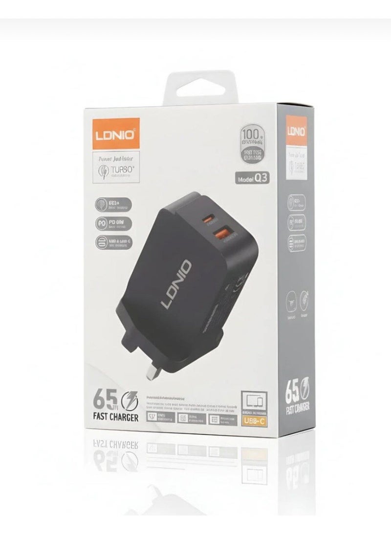 لدنيو شاحن حائط للهاتف اللوحي PD بقدرة 65 وات مع QC4+ ومنفذ USB ونوع C ومقبس توصيل محمول سريع الشحن عالمي في المملكة المتحدة مع حماية متعددة الوظائف لهاتف Apple Huawei Xiaomi Samsung، أسود - Image 1