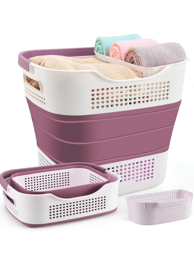 XVersion Laundry Basket Large Foldable 40L with Handle, Collapsible Handled Plastic Washing Clothes Laundry Bin Container, Multi purpose Organizer Storage Washing Basket for Home - Pink  - Image 1