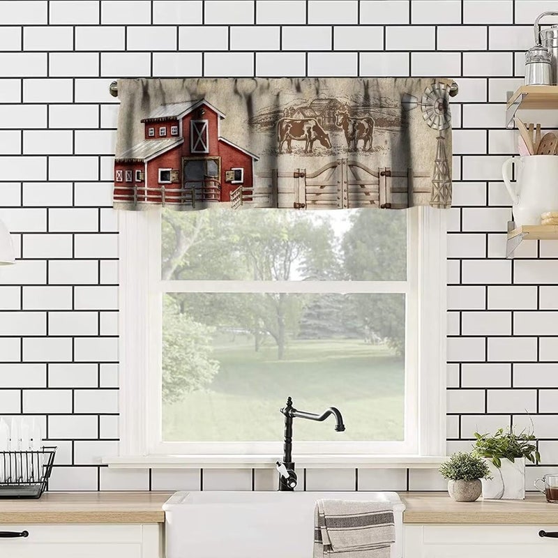 Janjcurt Rustic Farm Kitchen Valance Vintage Western Farmhouse Country Retro Red Barn Windmill Window Window FaLance لغرفة غرفة المعيشة المقهى 54x18in - Image 2