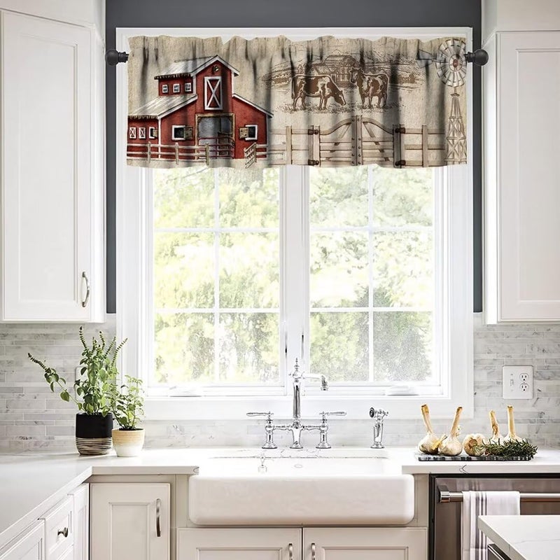 Janjcurt Rustic Farm Kitchen Valance Vintage Western Farmhouse Country Retro Red Barn Windmill Window Window FaLance لغرفة غرفة المعيشة المقهى 54x18in - Image 4