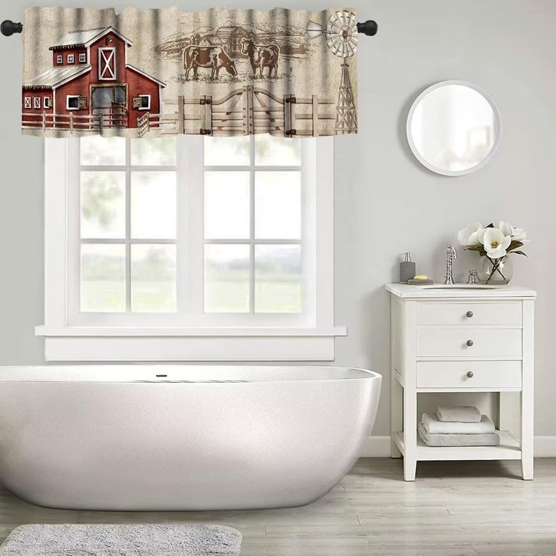 Janjcurt Rustic Farm Kitchen Valance Vintage Western Farmhouse Country Retro Red Barn Windmill Window Window FaLance لغرفة غرفة المعيشة المقهى 54x18in - Image 5