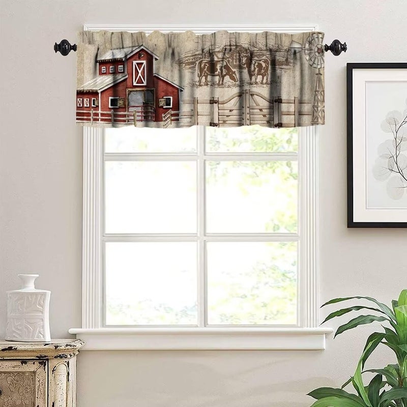 Janjcurt Rustic Farm Kitchen Valance Vintage Western Farmhouse Country Retro Red Barn Windmill Window Window FaLance لغرفة غرفة المعيشة المقهى 54x18in - Image 3