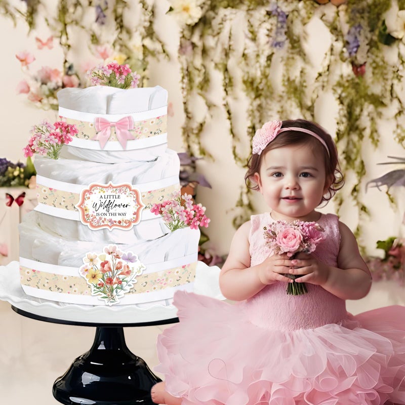 Cheerupp Wildflower Theme Diaper Cake Decorations for Baby Shower Party, Rural Wildflowers Print Ribbon Cards Artificial Flowers Pink Bows Decor, A Little Wildflower Is on the Way Baby Shower Favors - Image 3