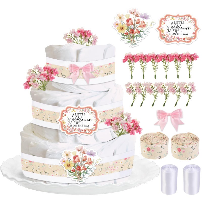 Cheerupp Wildflower Theme Diaper Cake Decorations for Baby Shower Party, Rural Wildflowers Print Ribbon Cards Artificial Flowers Pink Bows Decor, A Little Wildflower Is on the Way Baby Shower Favors - Image 1
