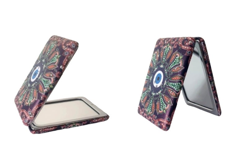 Portable Compact Evileye Metal and Glass Mirror for Women for Purses and Handbags and Travel with 2x1 Magnification one Side Colour and Print May Vary According to Availability  - Image 2