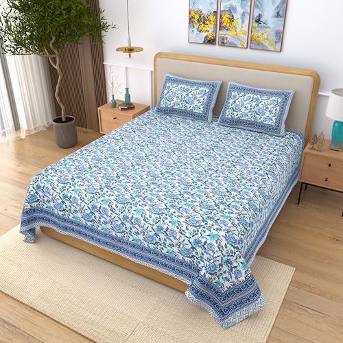 EasyGoods® 100% Pure Cotton Jaipuri Bedsheet with Pillow Covers | Soft & Breathable Fabric | Traditional Floral Print | Cotton Bedsheet (Blue 6, King) - Image 3