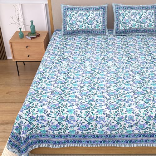 EasyGoods® 100% Pure Cotton Jaipuri Bedsheet with Pillow Covers | Soft & Breathable Fabric | Traditional Floral Print | Cotton Bedsheet (Blue 6, King) - Image 1