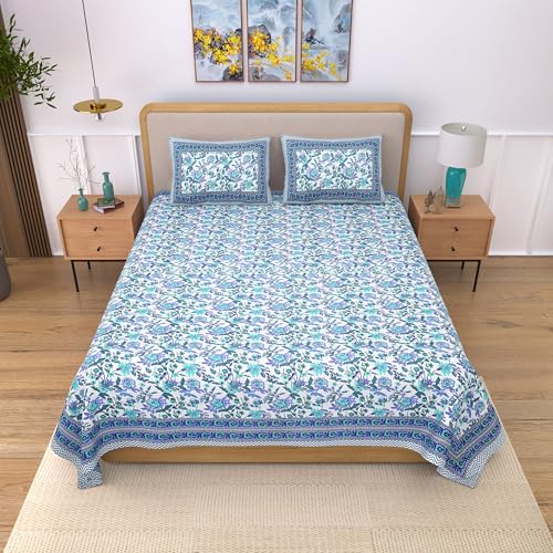 EasyGoods® 100% Pure Cotton Jaipuri Bedsheet with Pillow Covers | Soft & Breathable Fabric | Traditional Floral Print | Cotton Bedsheet (Blue 6, King) - Image 2