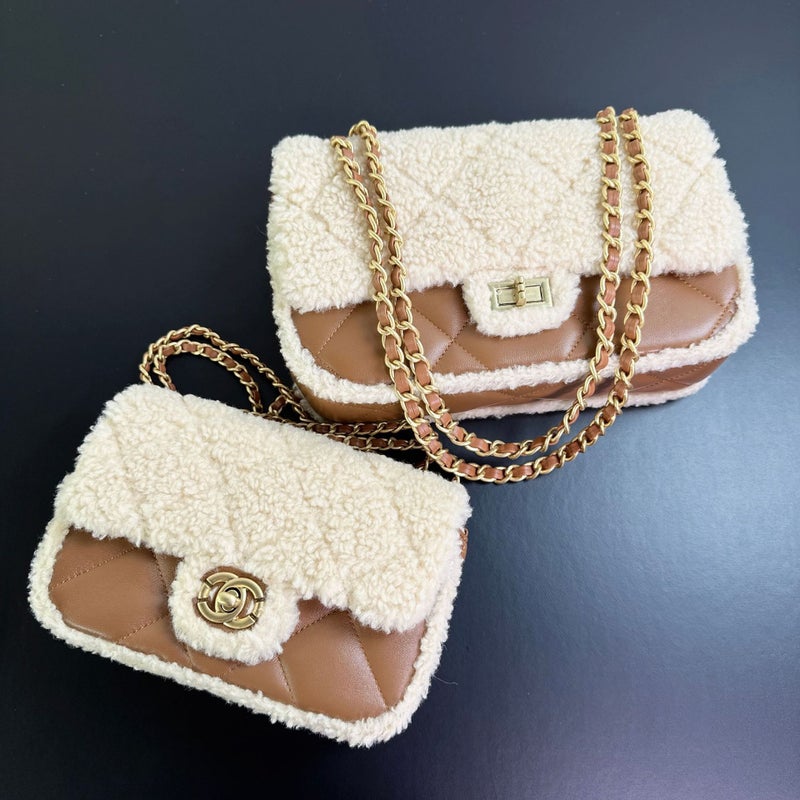 Xiaoxiang 24K Teddy Bear Lamb Plush Chain Bag Sheepskin Colorblock Rhombus Flip Cover Shoulder Crossbody Underarm Bag For Women - Image 4