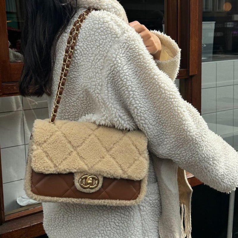 Xiaoxiang 24K Teddy Bear Lamb Plush Chain Bag Sheepskin Colorblock Rhombus Flip Cover Shoulder Crossbody Underarm Bag For Women - Image 3