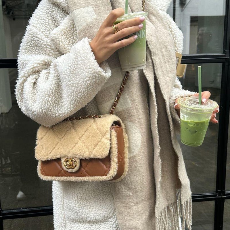 Xiaoxiang 24K Teddy Bear Lamb Plush Chain Bag Sheepskin Colorblock Rhombus Flip Cover Shoulder Crossbody Underarm Bag For Women - Image 2