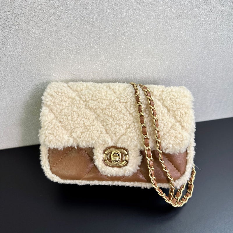 Xiaoxiang 24K Teddy Bear Lamb Plush Chain Bag Sheepskin Colorblock Rhombus Flip Cover Shoulder Crossbody Underarm Bag For Women - Image 5