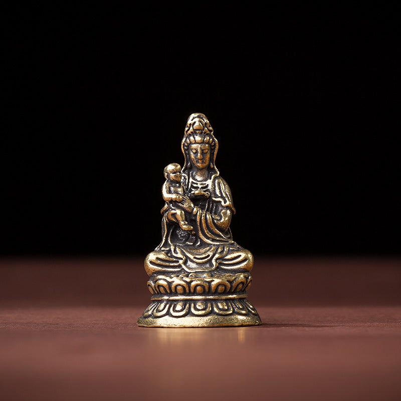 Solid Pure Yellow Copper Office Desk Ornament Lotus Flower Buddha Ancient Copper Tea Pet Craft Small Gift Handheld Bottle Brass-gifting Guanyin ornaments 