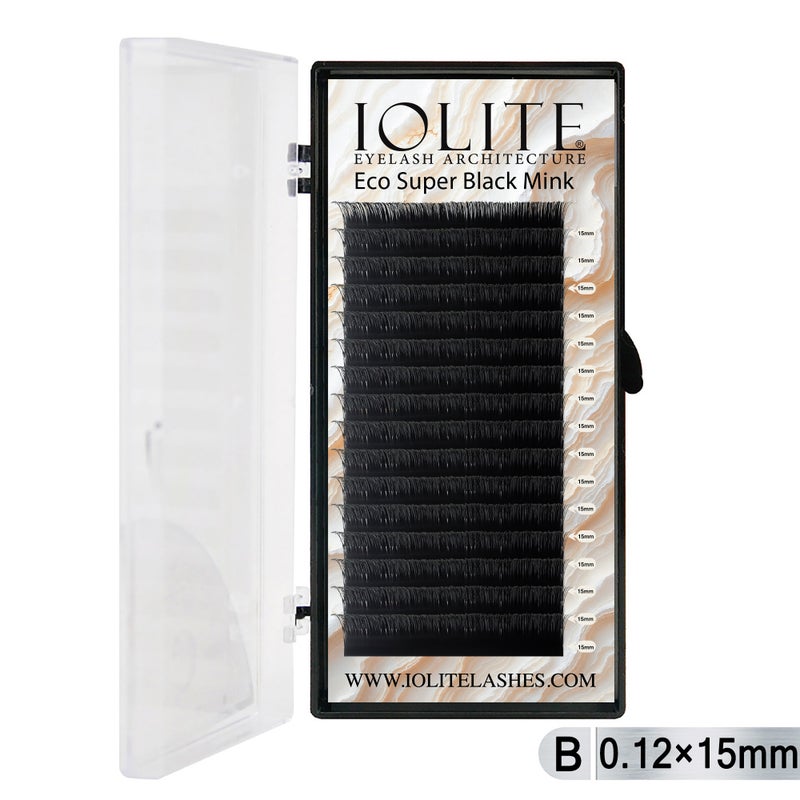 Iolite Super Black Mink Lash Extensions – B Curl 0.12T Mix (6mm–15mm) | Premium Black Mink Eyelash Extension Tray for Lash Artists ISBMB12T - 15MM