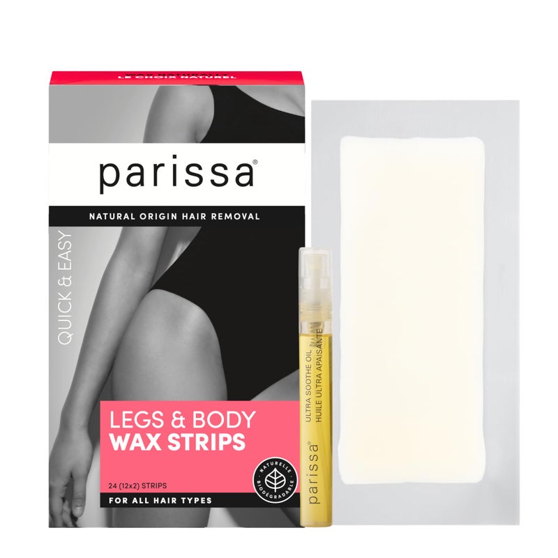 parissa مجموعة شرائح الشمع القابلة للتحلل من باريسا للأرجل والجسم | شرائح شمع كبيرة جاهزة للاستخدام لإزالة الشعر في المنزل، مناسبة لجميع أنواع الشعر | تشمل زيت التهدئة الفائق بعد الشمع | 24 شريحة (12 × 2) - Image 1