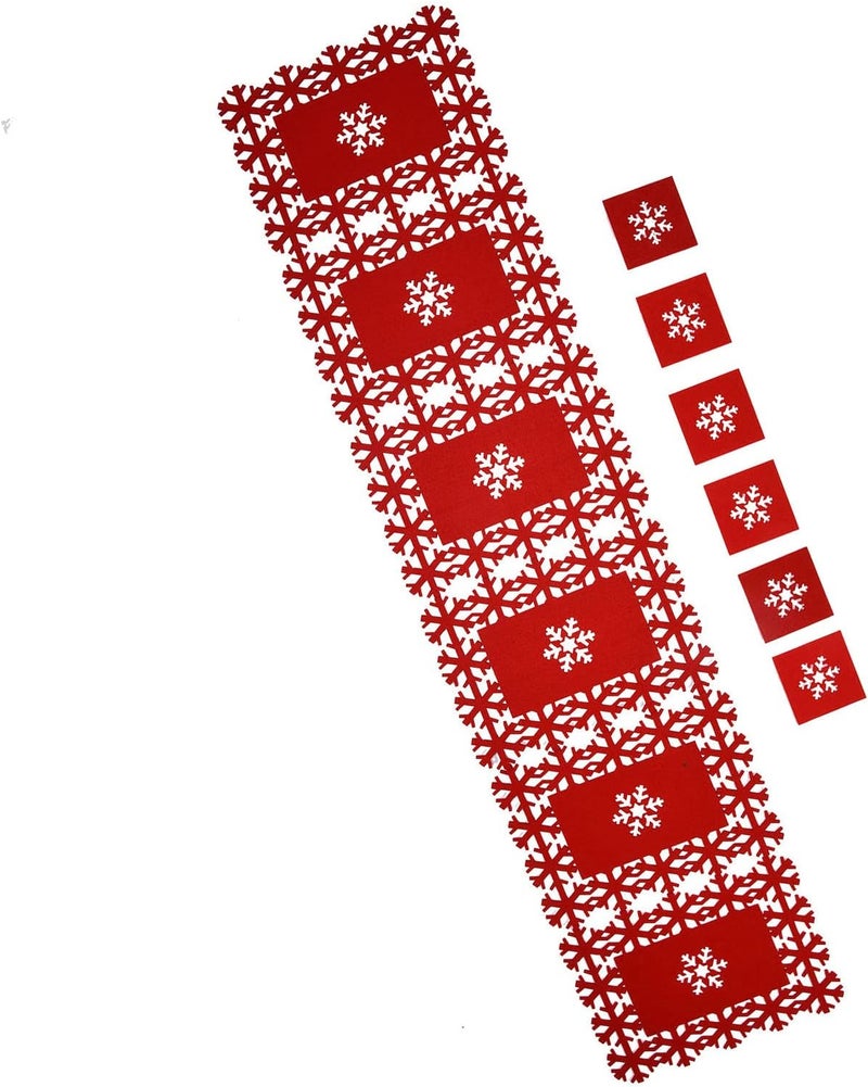 Christmas Felt Table Runner Placemat Set, Holiday Table Decor with Snowflake Design, Heat and Absorbent Felt Coasters for Christmas Dinner Party (Six Snowflake-Patterned placemats (35 * 25cm) + six) - Image 5