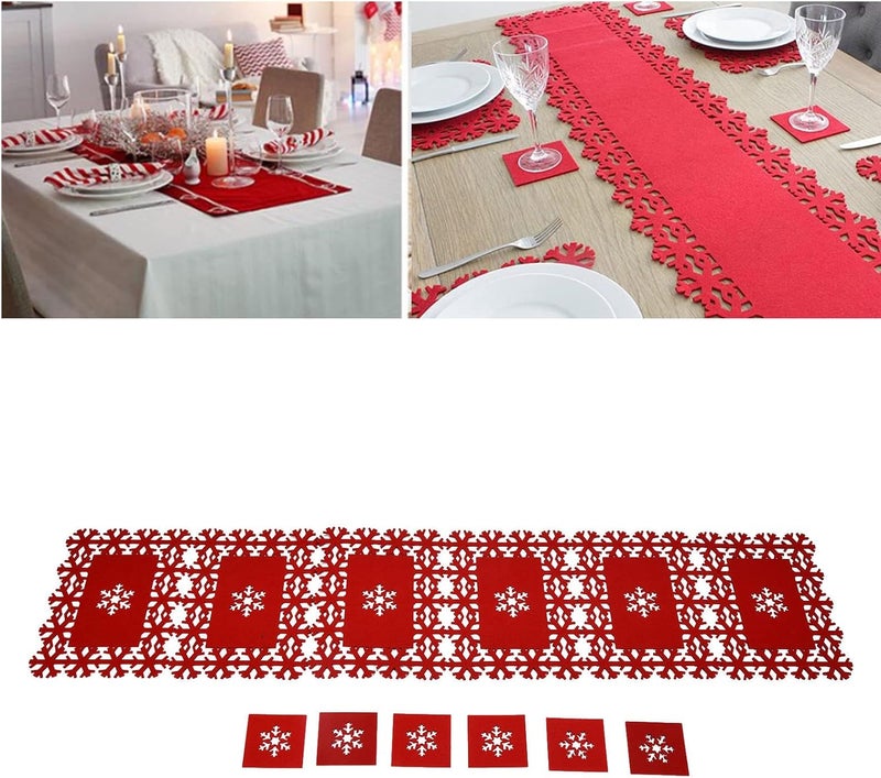 Christmas Felt Table Runner Placemat Set, Holiday Table Decor with Snowflake Design, Heat and Absorbent Felt Coasters for Christmas Dinner Party (Six Snowflake-Patterned placemats (35 * 25cm) + six) - Image 2