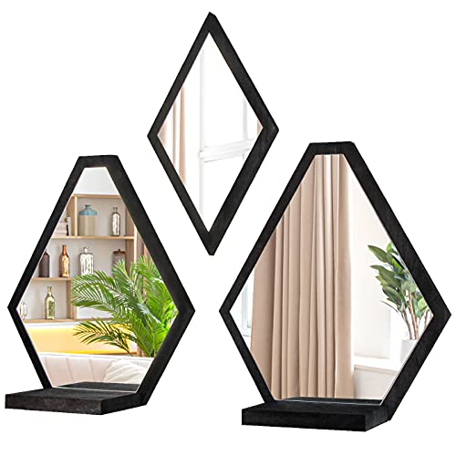 J JACKCUBE DESIGN JACKCUBE Design Wall Mount Decorative Mirrors Set of 3 Geometric Rustic Wood Real Mirror with Shelf for Bedroom Bathroom Living Room Kitchen Wall Art Dcor MK689A