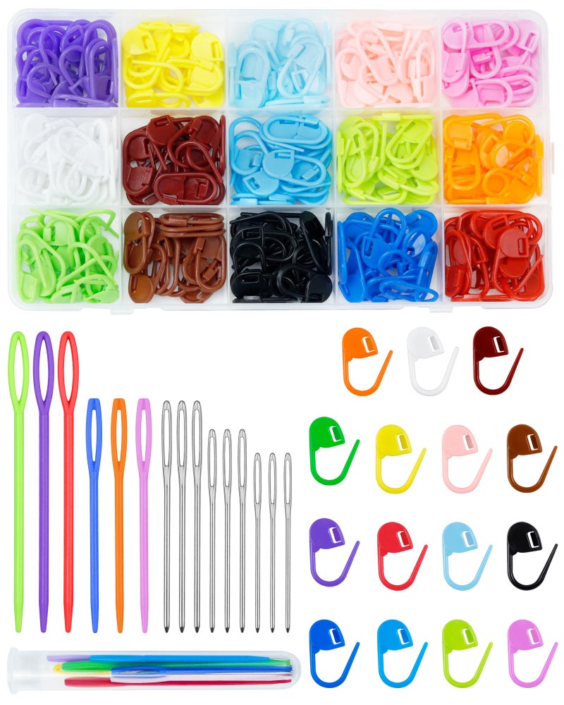 FIVEIZERO 220/900 Pieces Stitch Markers,with 15 Pcs Large Eye Blunt Sewing Needles,Colorful Crochet Stitchs Markers for Knitting Stitch Locking Clips Crochet Pins with Storage Box - Image 1