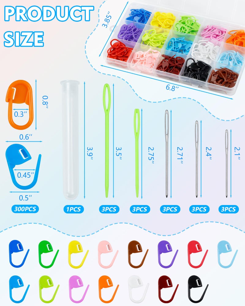 FIVEIZERO 220/900 Pieces Stitch Markers,with 15 Pcs Large Eye Blunt Sewing Needles,Colorful Crochet Stitchs Markers for Knitting Stitch Locking Clips Crochet Pins with Storage Box - Image 2