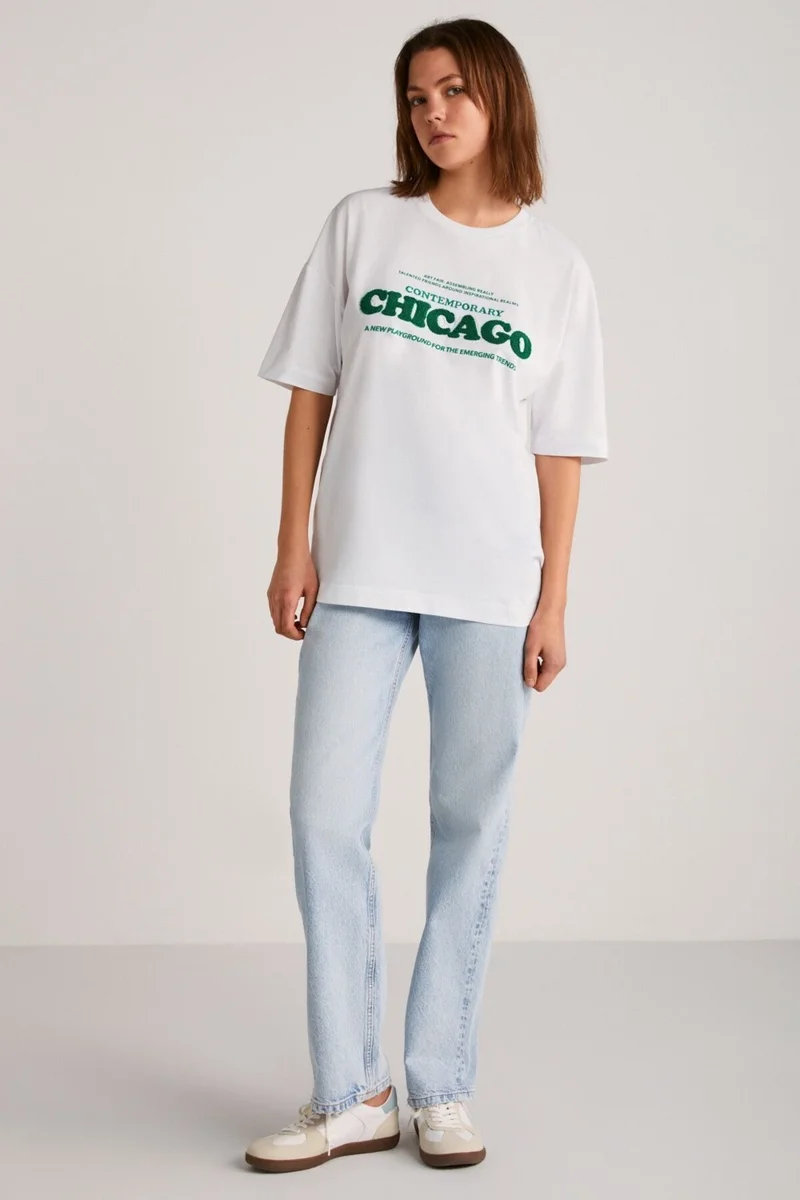 جريميلانج Plensa Women's 100% Organic Cotton Embroidered and Embossed Printed Oversize White T-shirt