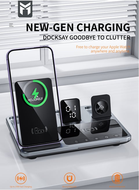 4-in-1 wireless charging magsafe 15W support fast charging and intelligent identification of devices Fast charging for three devices at the same time and a clock indicator Support all kinds of phones